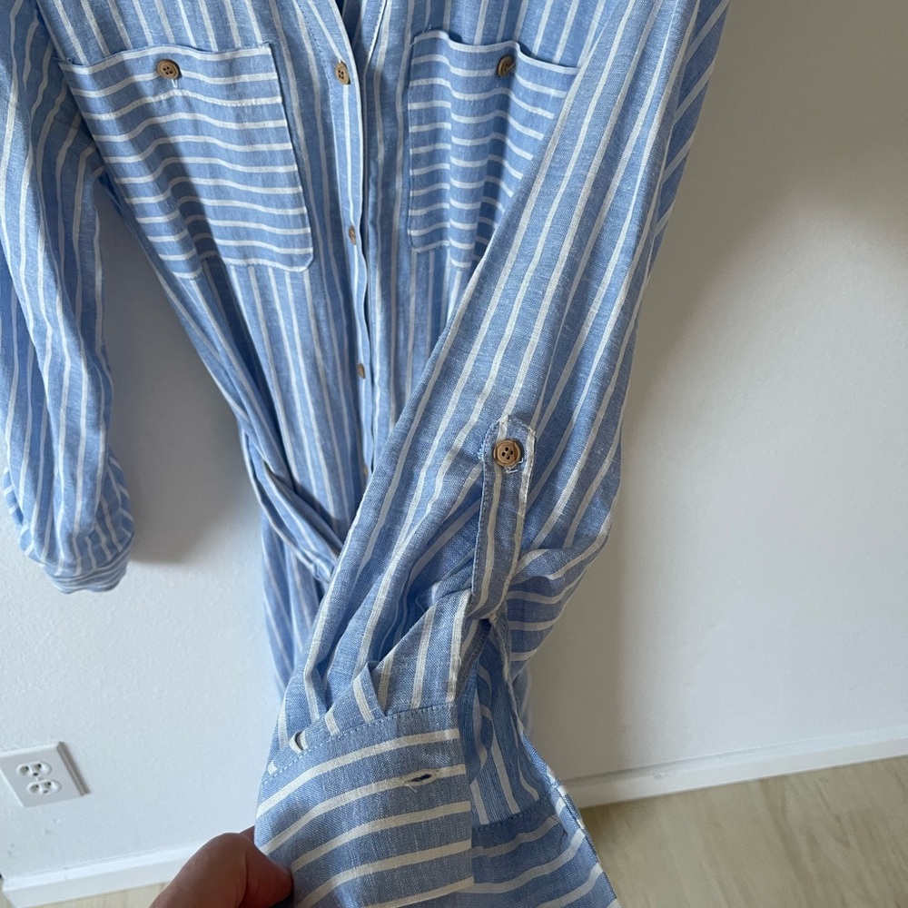 Zara women’s Blue Dress belted, long sleeve  White stripe long Dress shirt Small - Picture 5 of 12